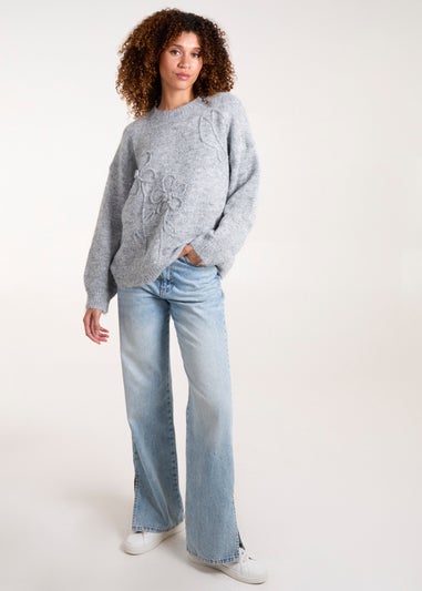 Blue Vanilla Grey Knit Flower Embroidery Cropped Jumper