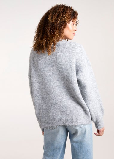 Blue Vanilla Grey Knit Flower Embroidery Cropped Jumper