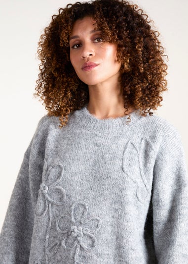 Blue Vanilla Grey Knit Flower Embroidery Cropped Jumper