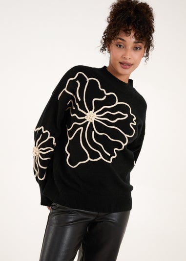 Blue Vanilla Black Large Flower Embroidery Jumper