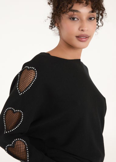 Blue Vanilla Black Heart Mesh Embellished Sleeve Jumper