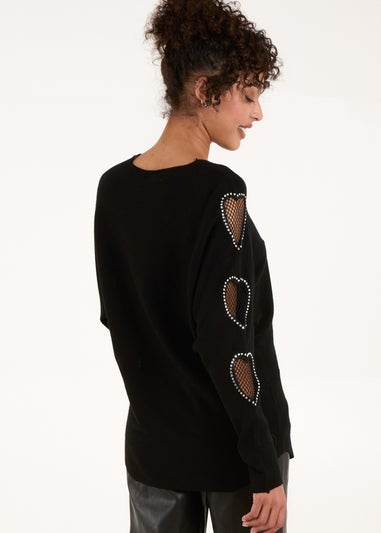 Blue Vanilla Black Heart Mesh Embellished Sleeve Jumper