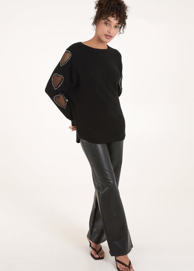 Blue Vanilla Black Heart Mesh Embellished Sleeve Jumper