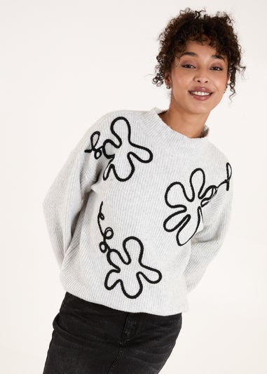 Blue Vanilla Grey Abstract Flower Embroidery Jumper