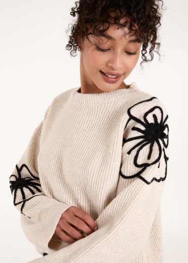 Blue Vanilla Beige Flower Sleeve Embroidery Jumper