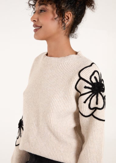 Blue Vanilla Beige Flower Sleeve Embroidery Jumper