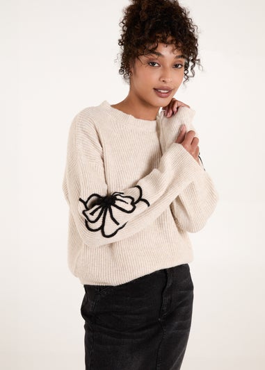 Blue Vanilla Beige Flower Sleeve Embroidery Jumper