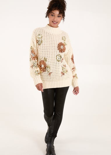 Blue Vanilla Cream Sequin Flower Knit Jumper