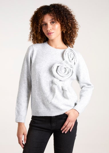 Blue Vanilla Grey Knit Corsage Flower Jumper