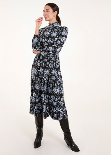 Blue Vanilla Blue High Neck Shirred Floral Midi Dress