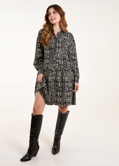 Blue Vanilla Black/White Printed Smock Shirt Dress