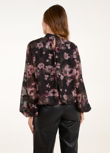 Blue Vanilla Black High Neck Bubble Hem Floral Blouse