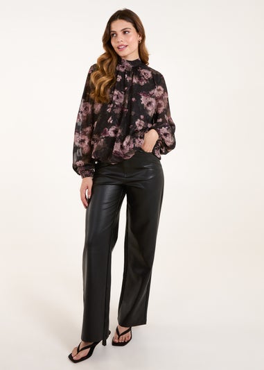 Blue Vanilla Black High Neck Bubble Hem Floral Blouse