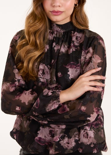 Blue Vanilla Black High Neck Bubble Hem Floral Blouse