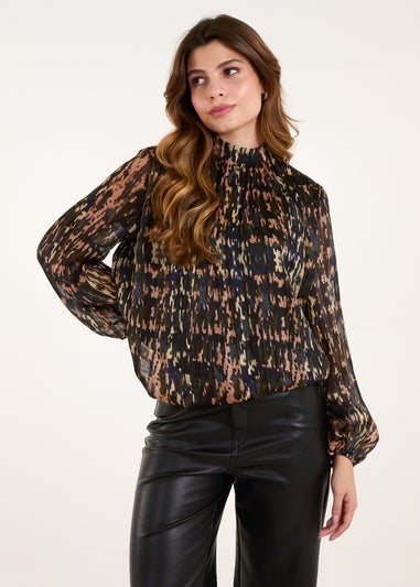 Blue Vanilla Black High Neck Abstract Cuff Sleeve Blouse