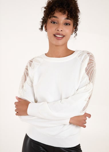 Blue Vanilla Ivory Embellished Sleeve Jumper