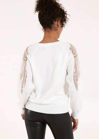 Blue Vanilla Ivory Embellished Sleeve Jumper