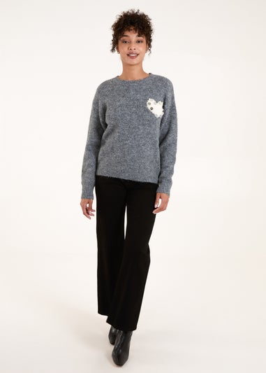 Blue Vanilla Grey Embellished Heart Knit Jumper