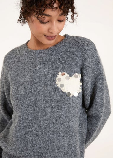 Blue Vanilla Grey Embellished Heart Knit Jumper