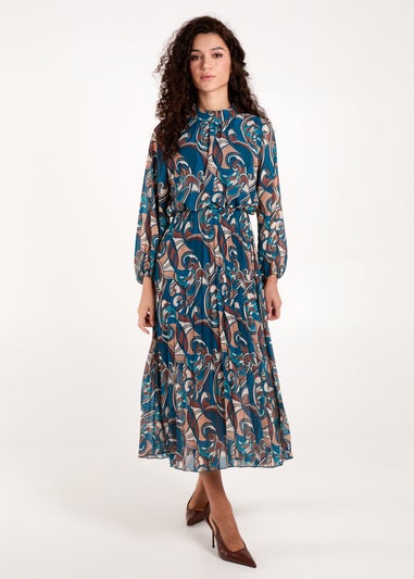 Blue Vanilla Teal Swirl Print High Neck Blouson Pleated Dress