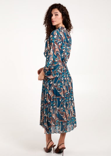 Blue Vanilla Teal Swirl Print High Neck Blouson Pleated Dress