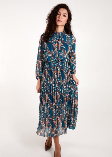 Blue Vanilla Teal Swirl Print High Neck Blouson Pleated Dress