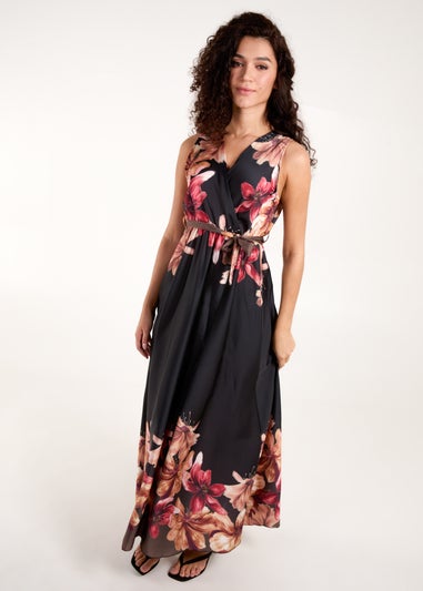 Blue Vanilla Black Satin Print Double V Wrap Dress