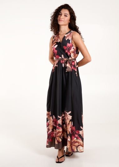 Blue Vanilla Black Satin Print Double V Wrap Dress