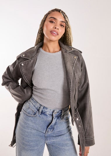 Pink Vanilla Charcoal Wash PU Biker Jacket