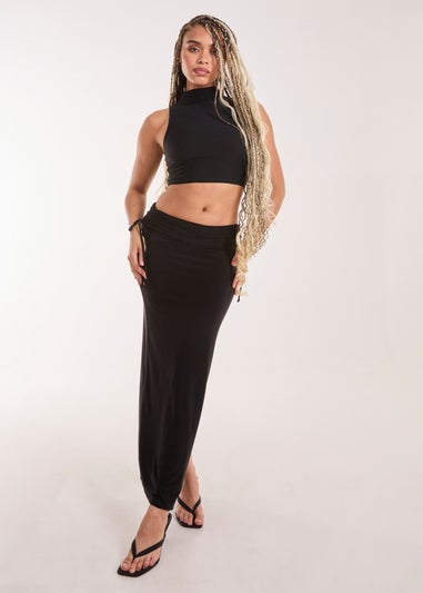 Pink Vanilla Black Low Rise Fold Over Slinky Maxi Skirt