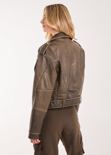 Pink Vanilla Brown Stone Wash PU Biker Jacket