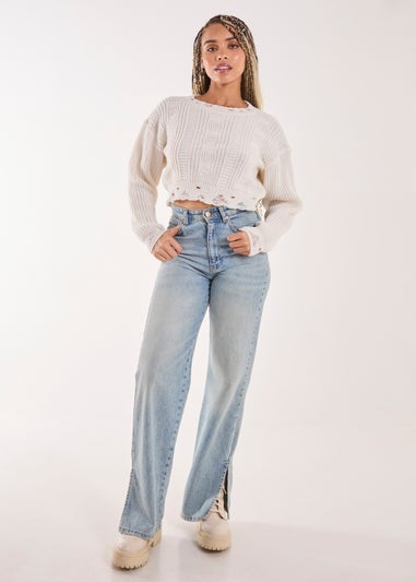 Pink Vanilla Ivory Distressed Cropped Knit Jumper