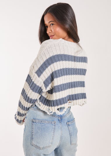 Pink Vanilla Blue Distressed Striped Crop Knit Jumper