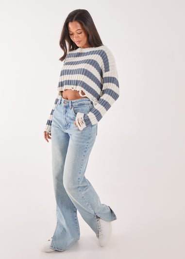 Pink Vanilla Blue Distressed Striped Crop Knit Jumper