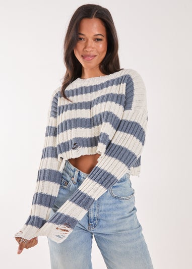 Pink Vanilla Blue Distressed Striped Crop Knit Jumper