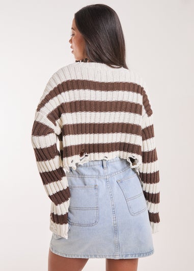 Pink Vanilla Chocolate Distressed Striped Crop Knit Jumper