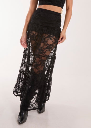 Pink Vanilla Black Lace Tiered Maxi Skirt