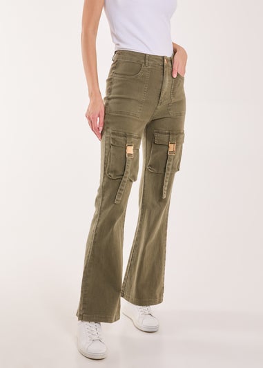 Pink Vanilla Khaki High Waist Utility Pocket Flare Jeans