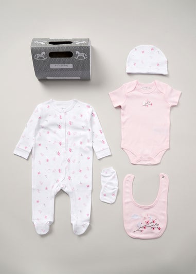 Rock a Bye Baby Soft Pink Floral Bird Print Cotton 5-Piece Baby Gift Set