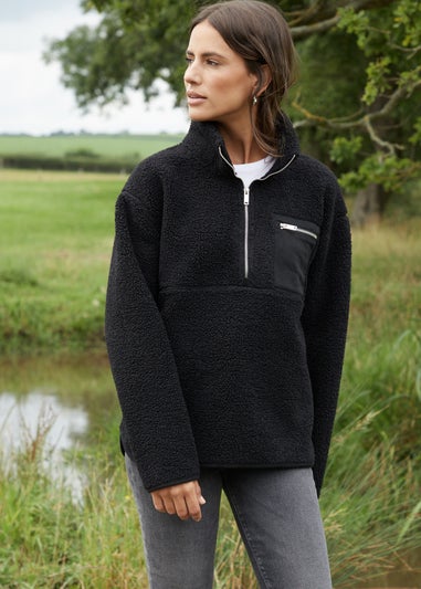 Threadbare Black Sian Half Zip Borg Fleece