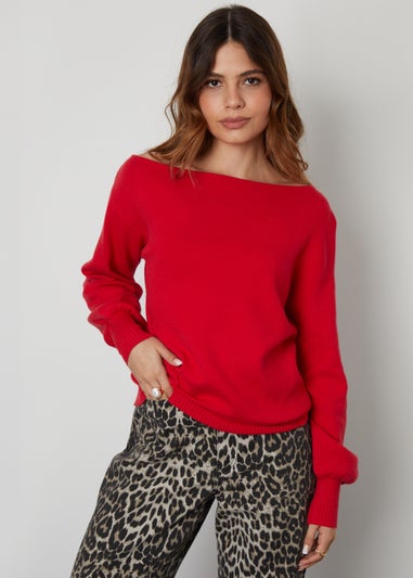 Threadbare Red Marilyn Slash Neck Knitted Jumper