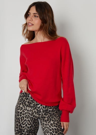 Threadbare Red Marilyn Slash Neck Knitted Jumper