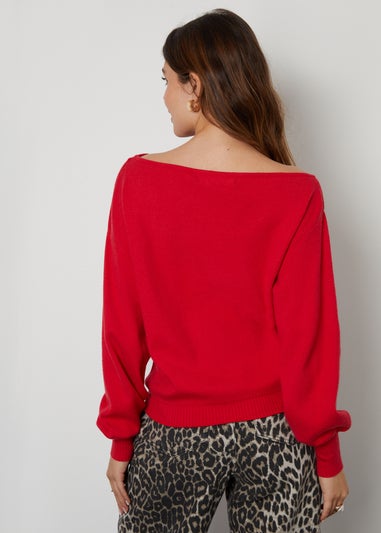 Threadbare Red Marilyn Slash Neck Knitted Jumper