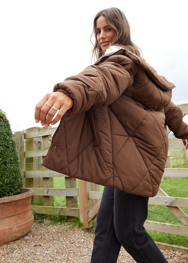 Threadbare Chocolate Freya Collared Diamond Quilted Short Jacket