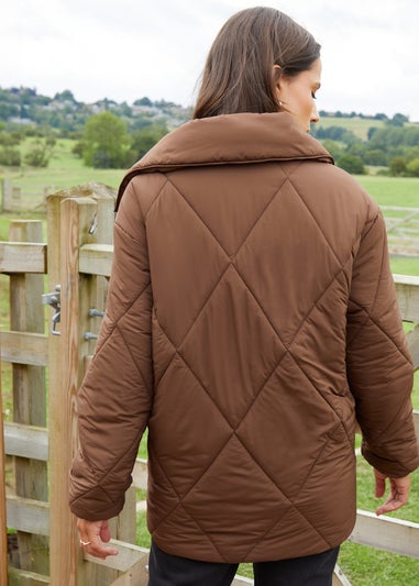 Threadbare Chocolate Freya Collared Diamond Quilted Short Jacket