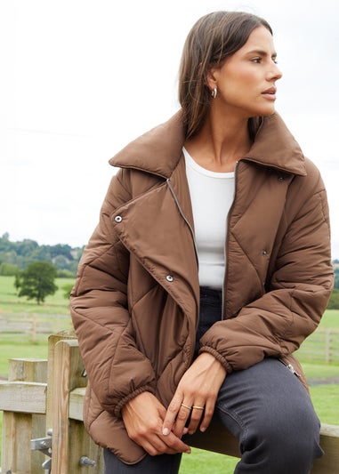 Threadbare Chocolate Freya Collared Diamond Quilted Short Jacket