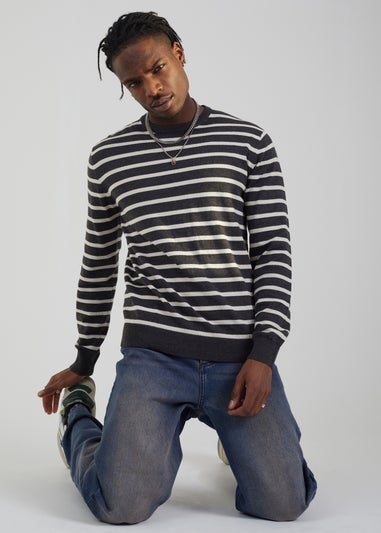 Brave Soul Charcoal Cotton Crew Neck Striped Knit Jumper