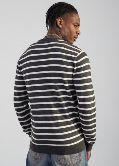 Brave Soul Charcoal Cotton Crew Neck Striped Knit Jumper