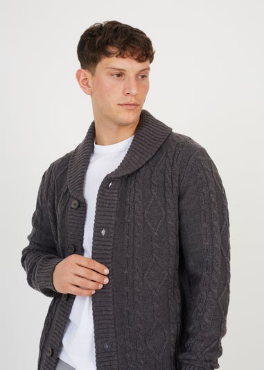 Brave Soul Dark Grey Shawl Neck Cable Knit Cardigan