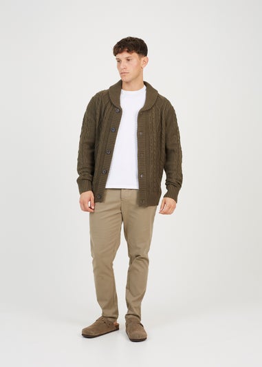 Brave Soul Khaki Shawl Neck Cable Knit Cardigan